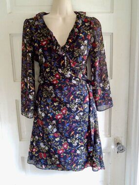 Madewell Finch Floral Black Multicolor Sheer Sleeve Ruffle Wrap Dress XS